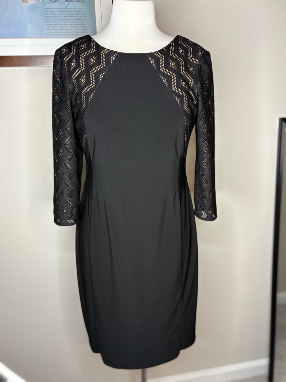Anne Klein Black Midi Dress with Lace-Detail Three-Quarter Sleeves